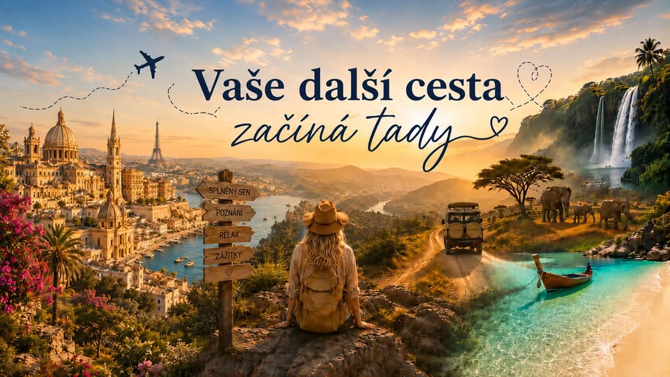 Výhled cestovatelky na evropské město, safari, vodopády a tropickou pláž
